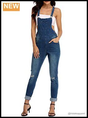 Stretch Denim Overalls Skinny Fit Ripped Jumpsuit